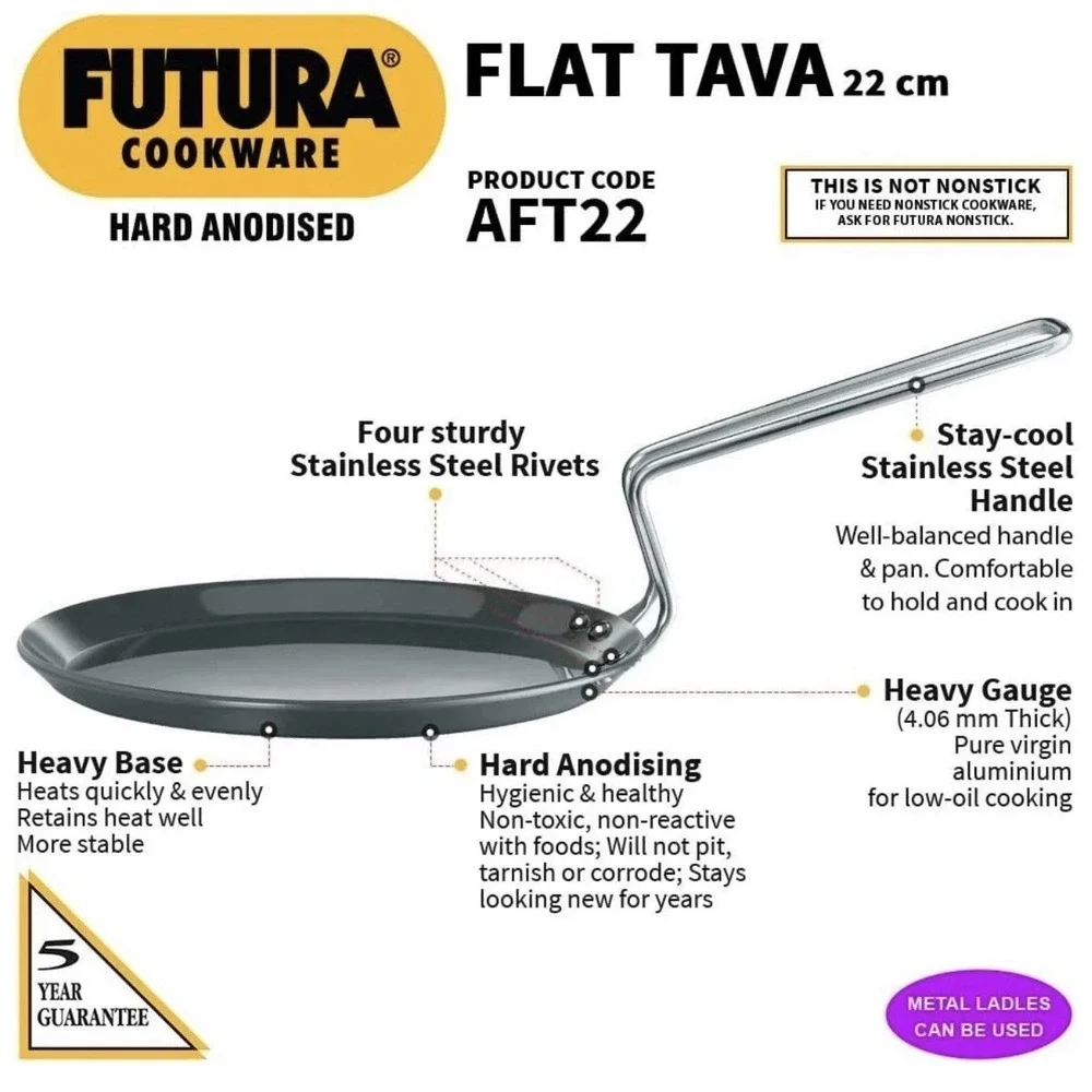 Hawkins Futura 22 cm Flat‎ Tava, Hard Anodised Tawa, (Black) AFT22